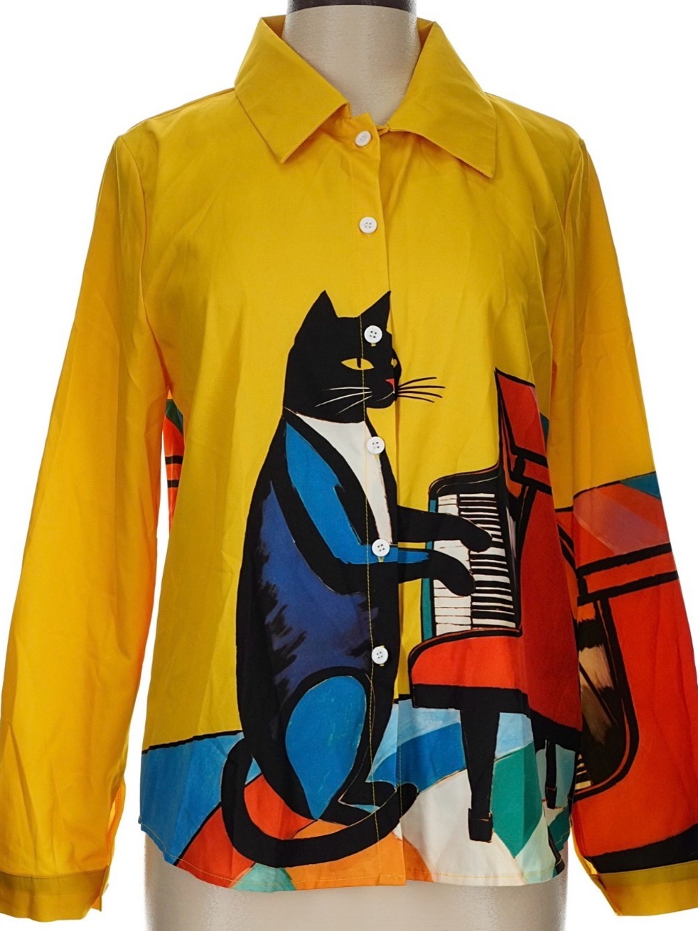 Piano Playing Cat Button-Up Shirt
